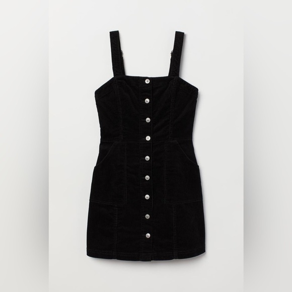 H&M Fitted Black Stretch Denim Overall Pinafore Dress w/ Pockets, Size 10 - Picture 2 of 12